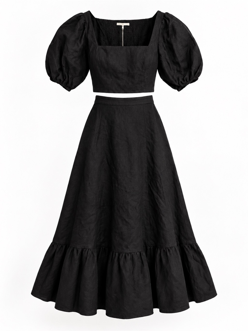 REFORMATION Women’s Yucca Linen Two Piece Set Black Puff Sleeve Size 0
